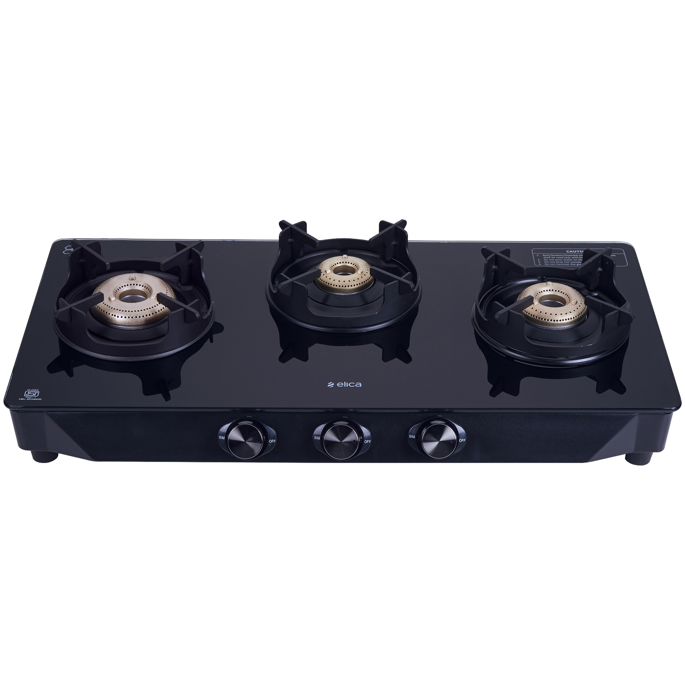 Buy elica CREST 370 J NERO 3 Burner Manual Gas Stove (Brass Burner ...